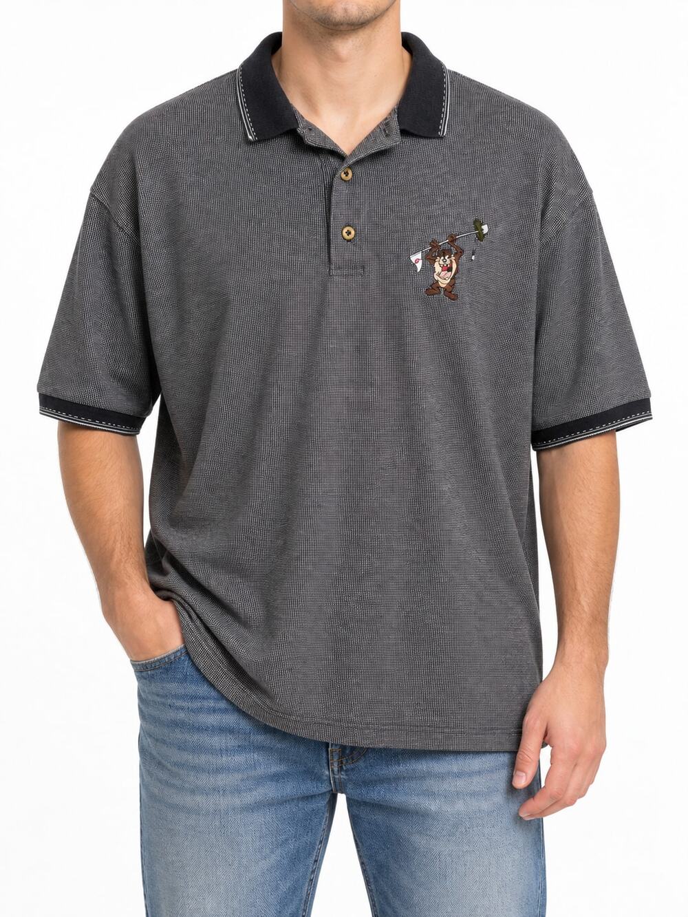Warner Bros Studio Store Tazmanian Devil Golfer Men's XL Black Gray Polo Shirt